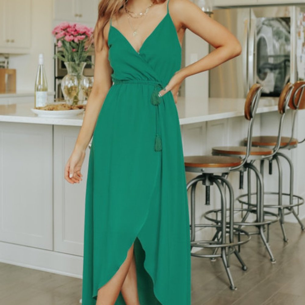 Tassel Tie Faux Wrap Green High Low Dress